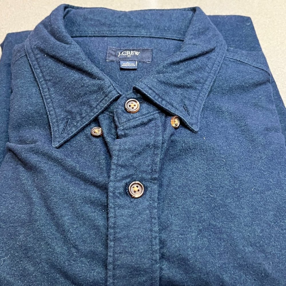 J. Crew Navy Blue Flannel Shirt | Size Large | Leather Elbow Patches Button Down